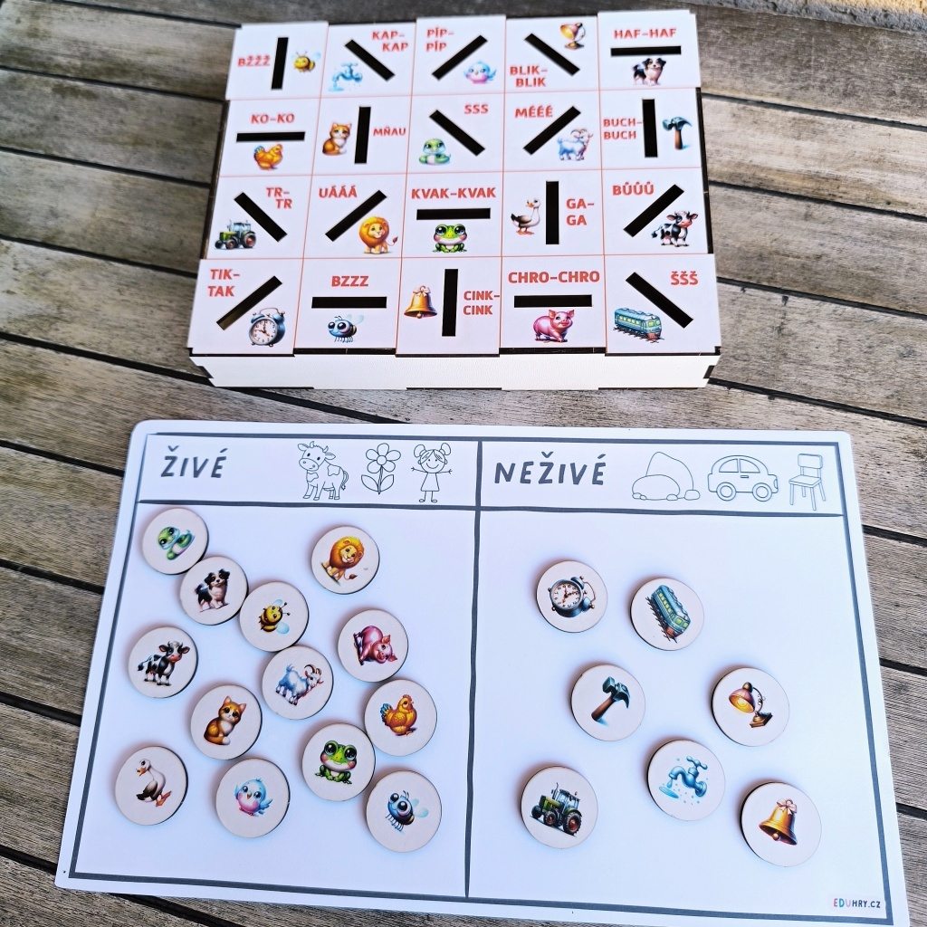 Aktivity logopedie zvuky citoslovce vhazovací box třídění živé neživé